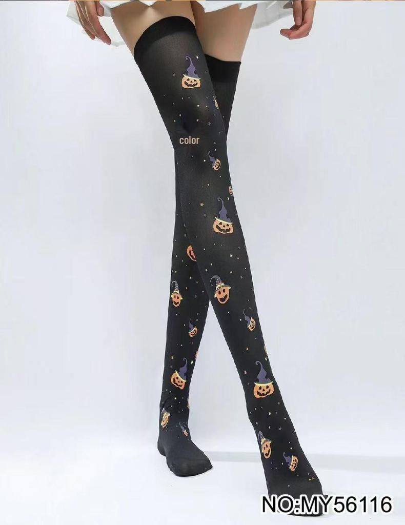 Skull Print Thigh-High Halloween Stockings – Polyester Over-the-Knee Socks