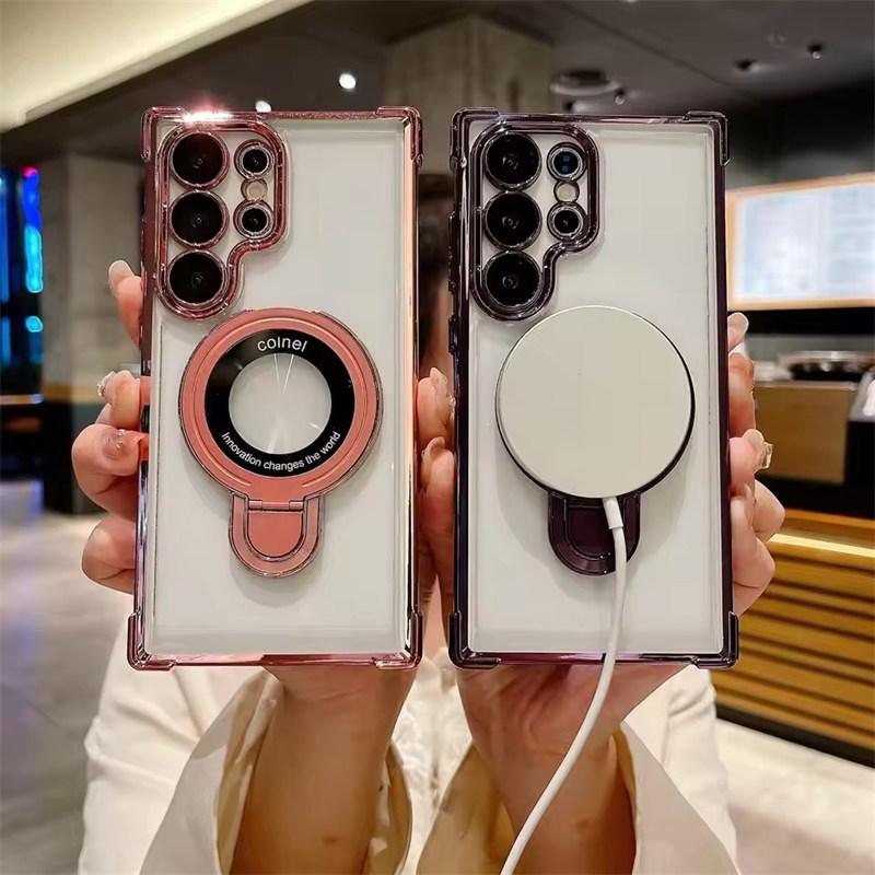 Magnetic for Magsafe Clear Phone Case For Samsung Galaxy S25 S24 S23 S22 Ultra Plus S22 Ring Holder Stand Wireless Charge Cover