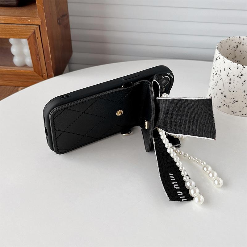 Pearl Bow Zero Wallet Card Case for IPhone 16 Promax Crossbody Strap for Apple 17 Anti Drop