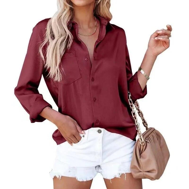 

Элегантная однотонная атласная рубашка на пуговицах, женские блузки с длинным рукавом и отложным воротником, женские элегантные повседневные офисные женские шелковые топы 30481 M бордовый