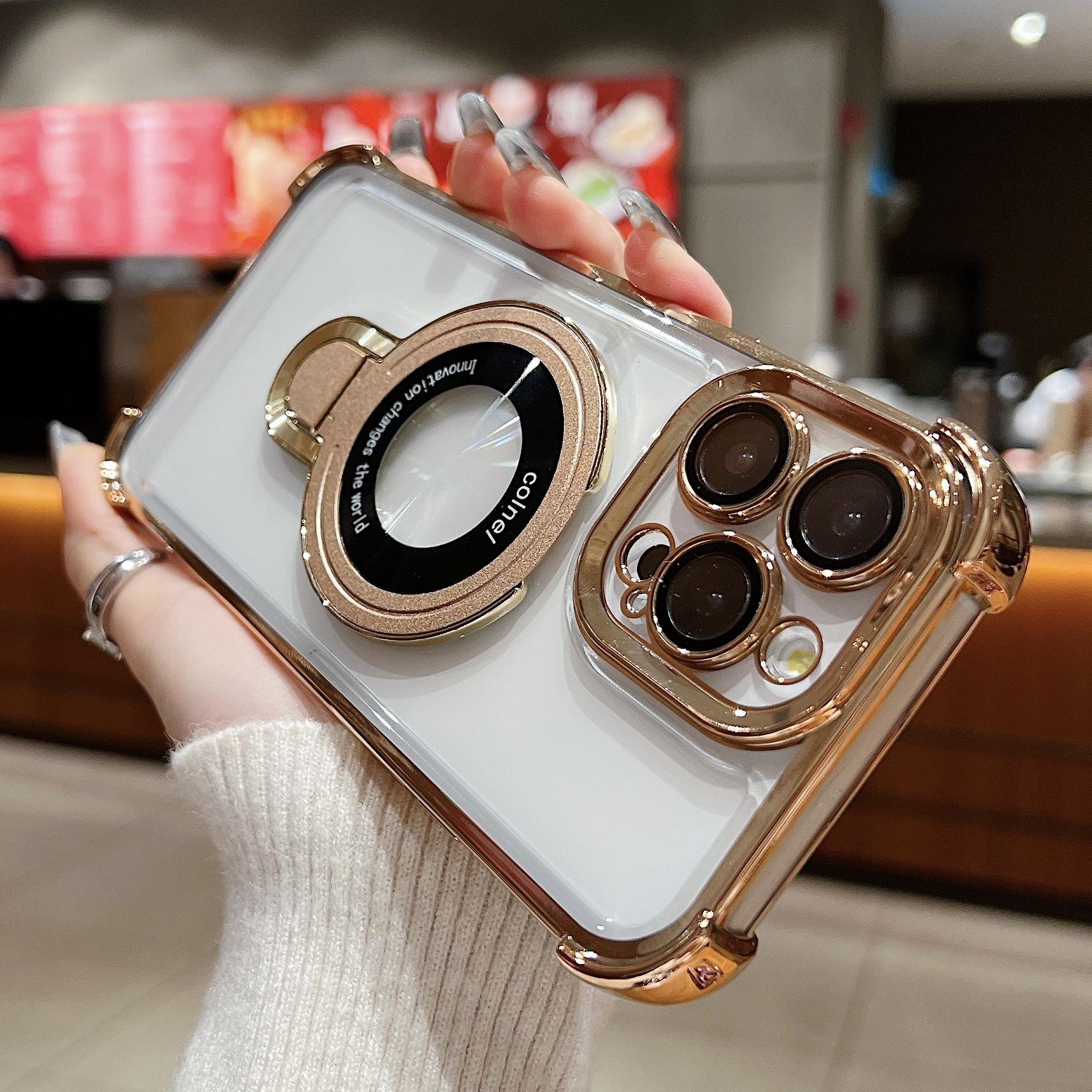 

Fashion Plating Magnetic Bracket Case for 17 16 15 14 13 12 Pro Max Case With Holder Stand Shockproof Cover for Magsafe for iPhone Air золотой