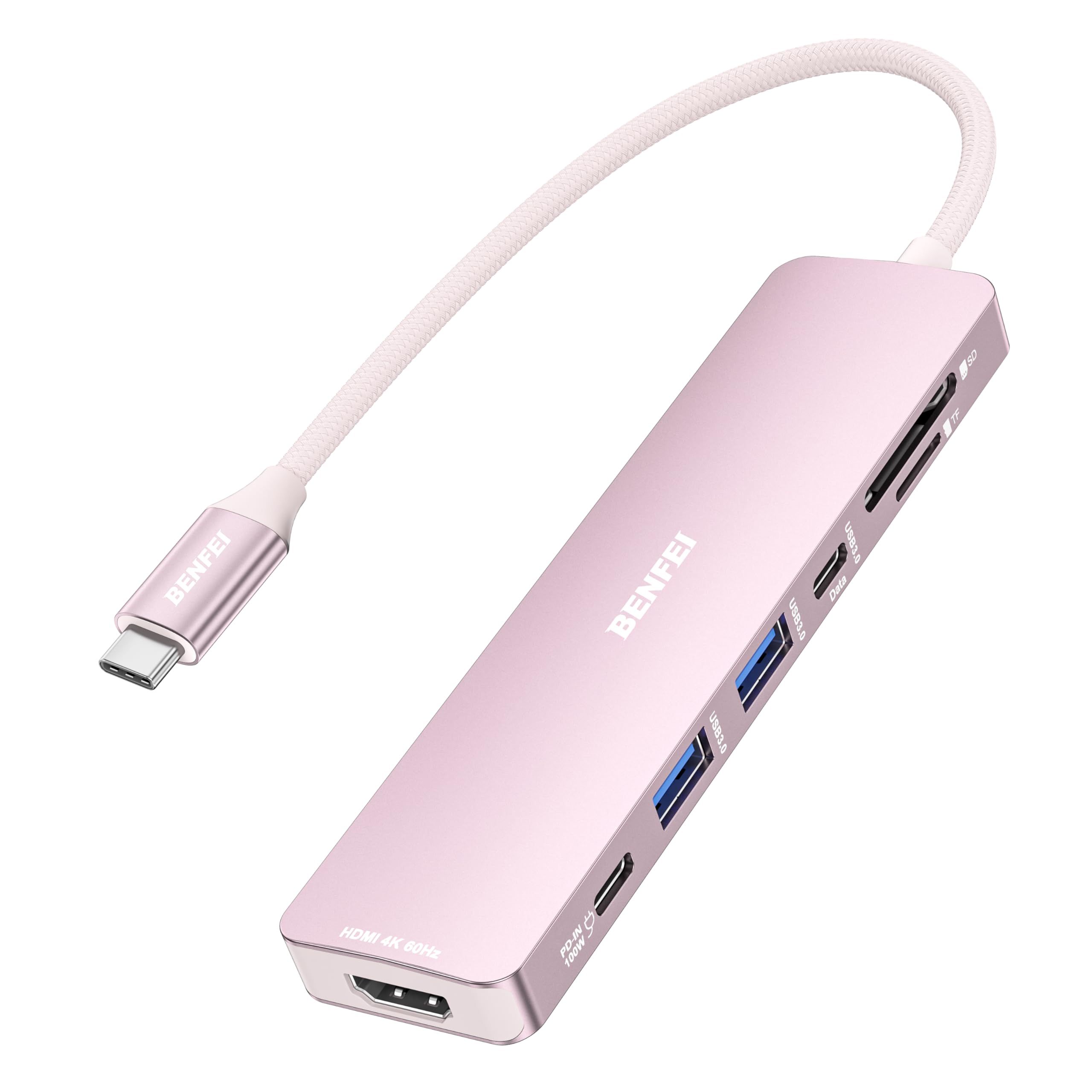 

Концентратор BENFEI с HDMI, два порта для данных, кардридер, 100 Вт, с силиконовым покрытием, совместимый с MacBook, iPad и iPhone 15, 7-в-1 USB-C (4K @ 60 Гц), Порты USB-A, Порт USB-C, розовый