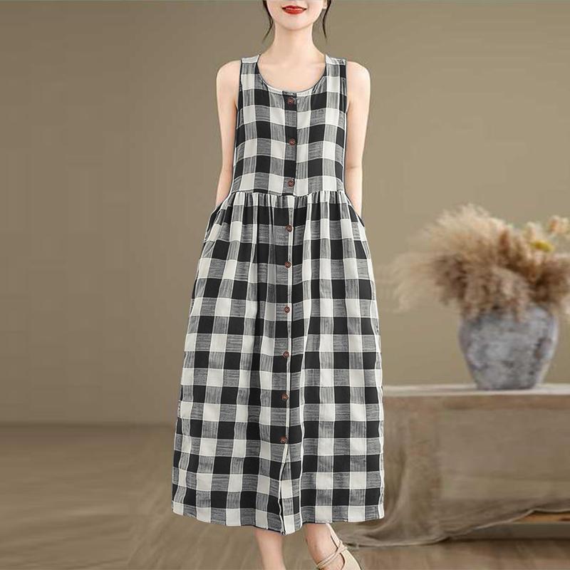 ZANZEA Women Grid Print Loose Casual Sleeveless Dress