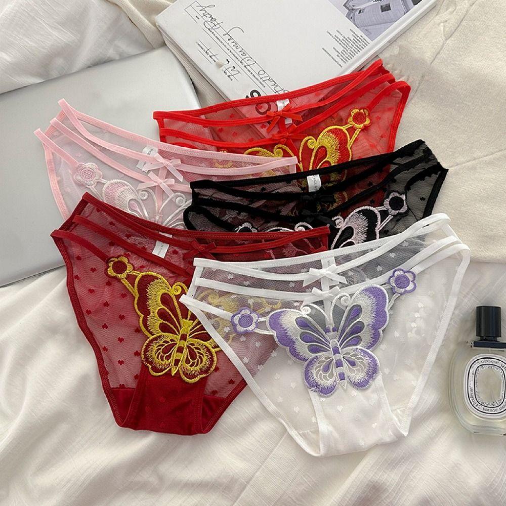 Low-Waist Butterfly Embroidery Bow Underpants Transparent Flower Mesh Slim Panties  Women