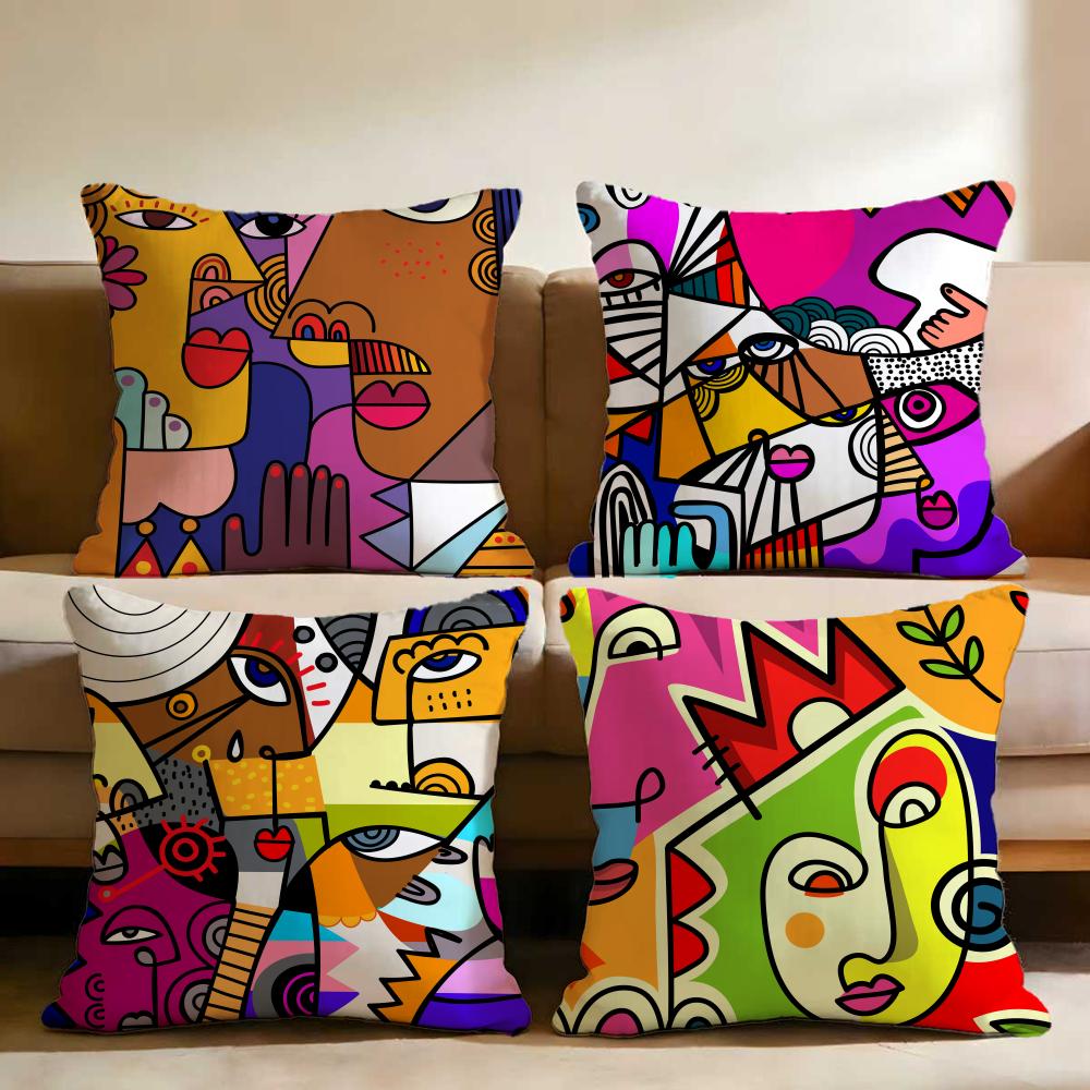 Colorful Abstract Faces Cushion Cover Multi-Scene Pillow Cover for Home & Car - Reversible, Soft & Durable for Daily Use