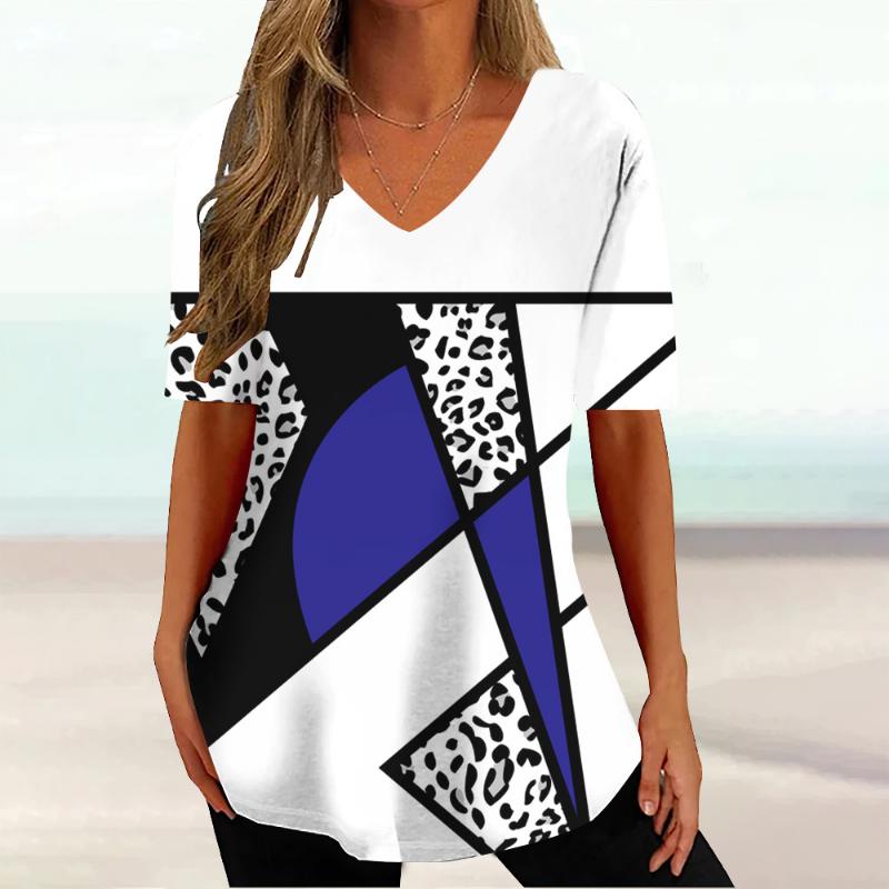 

Жіноча футболка з літніми смужками та градієнтним принтом, з V-подібним вирізом і короткими рукавами, базові топи, вуличний одяг, модні великі футболки для дівчат 3XL
