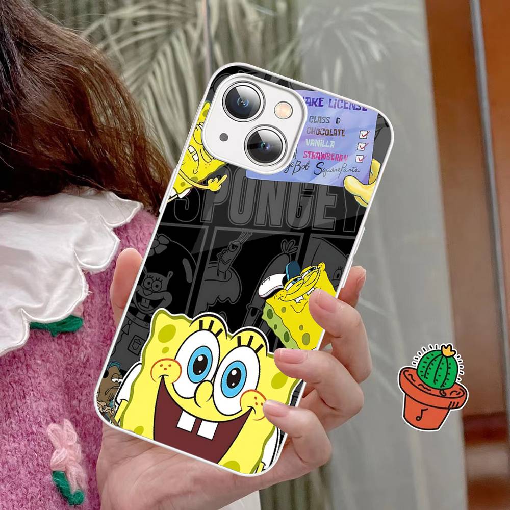 Cartoon Niedlich S-SpongeBob Anime Gehärtetes Glas Für Iphone 14 13 12 11 Pro Mini XS MAX 14Plus X XS XR Hüllen