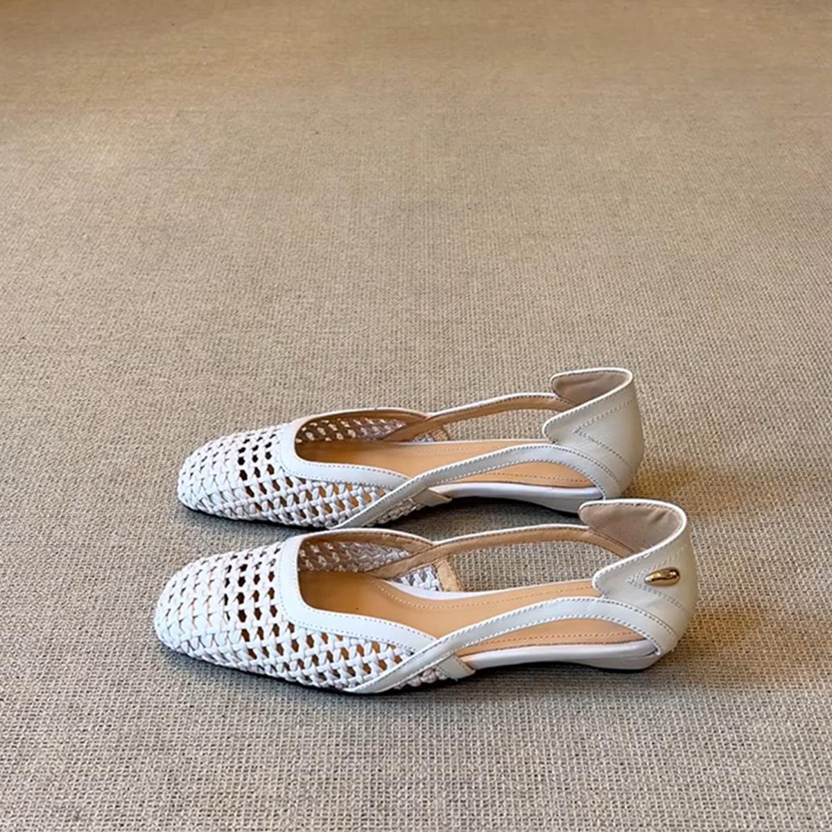 

Sheepskin woven hollow versatile square head single shoes women s fashion versatile leather shallow mouth one pedal outside sandals women s models 35