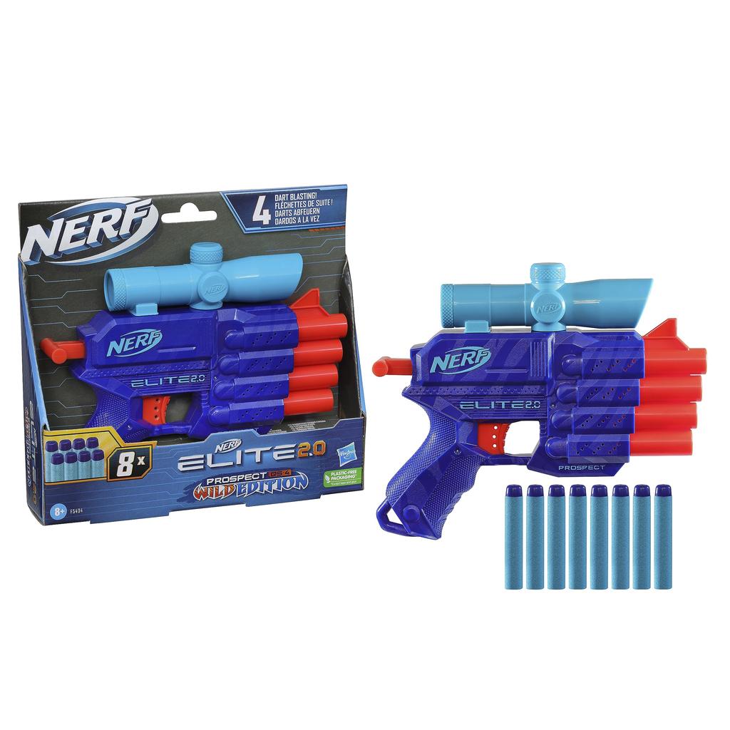 Nerf Elite Prospect Wild Edition Color 8 Nerf Elite 4 Dart Targeting Pullback 2.0 Qs-4 Blaster, Design, Darts, Blast, Scope, Priming, Multi-Color