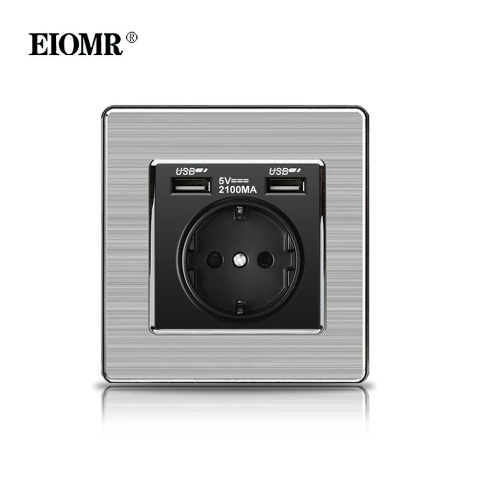 EIOMR 16A Black EU Standard Wall Sockets and Switches Stainless Steel Panel with Children Protective Door with USB Power Outlet