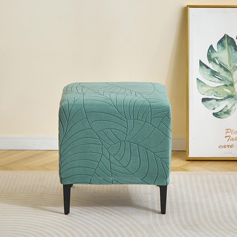 Leaves Jacquard Ottoman Cover Square Ottoman Slipcovers Stretch Footstool Covers for Living Room All-inclusive Footrest Cover