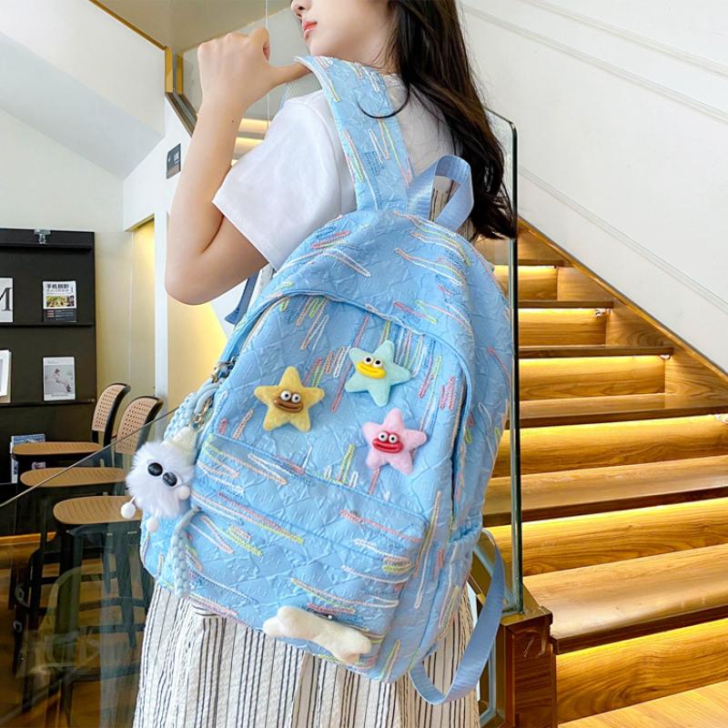 Autumn New Simple Lightweight Student Backpack Junior/high School Girl Schoolbag Cute Sweet Embroidery Striped Travel Book Bags with Cartoon Pendant