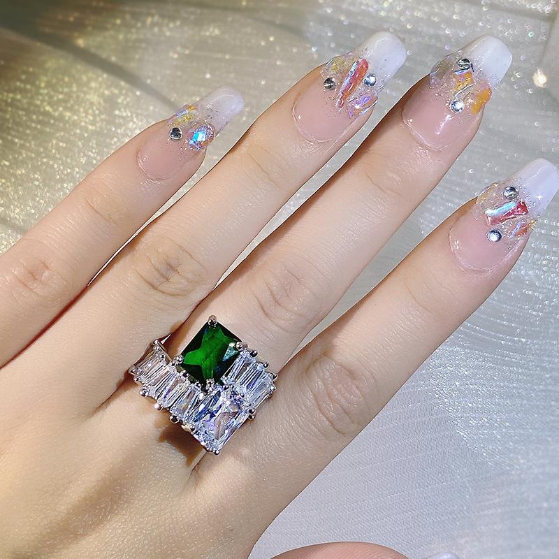 925 Silver Haute Couture Inlaid Emerald Zircon Square Princess Ring Micro Set Diamond Engagement Open Ring Party Gift
