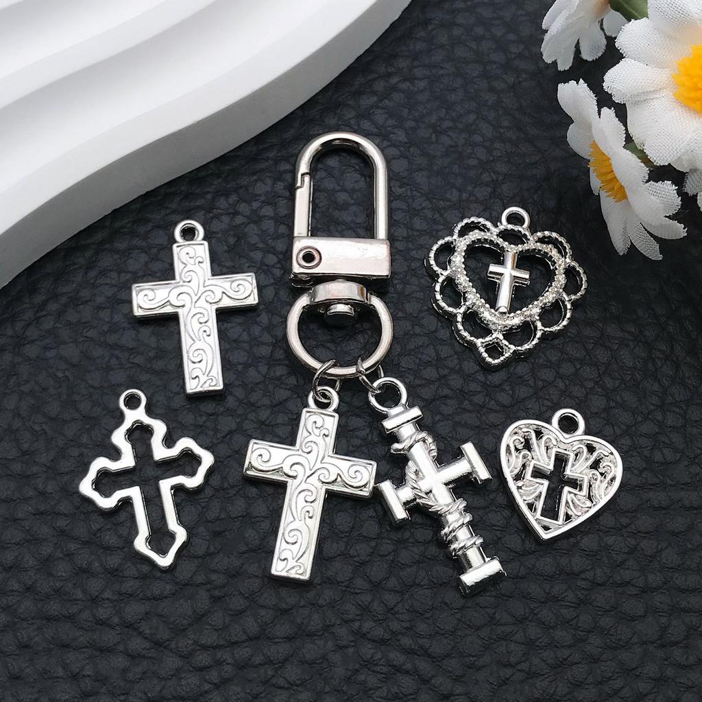 Cross-Border Hot Sale Bright Silver Cross Pendant Handmade DIY Keychain Necklace Alloy Jewelry Accessories Batch