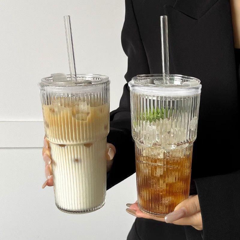 Vertical Stripe Glass Cup, Large Size with Lid & Straw - Ideal for Cold Drinks and Coffee.