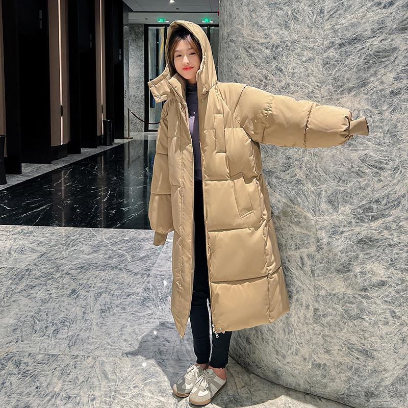 Damen-Daunenjacke im koreanischen Stil, Oversized, mit Kapuze - Baumwollwattiert, mittellang, winterlich warm