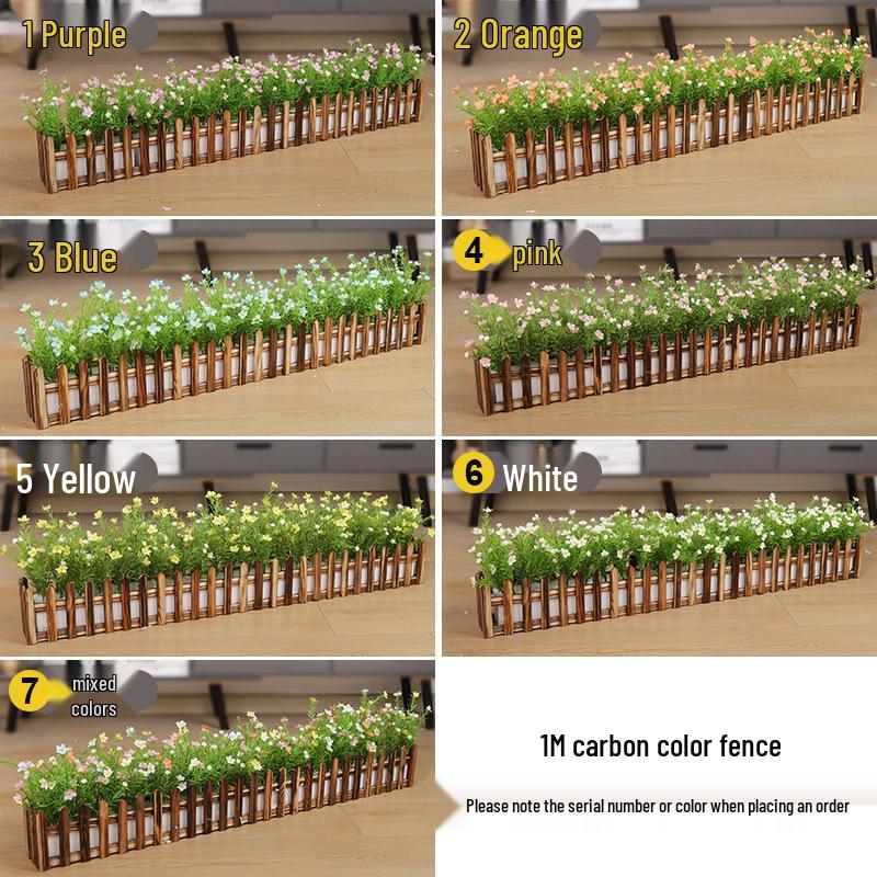 Silk Flower Pot with Wood Fence: Decorative Bonsai for Living Room or Office.