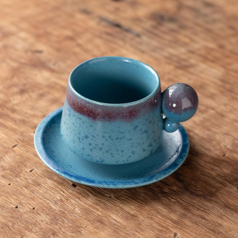 Ensemble Tasse à Café et Soucoupe en Céramique Créative, Tasse à Eau Ronde Rétro à Changement de Four, Tasse en Céramique de Poterie Grossière pour le Thé de l'Après-Midi