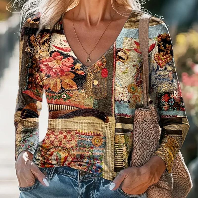 Ladies Spring Autumn Long Sleeve V Neck Loose Printed Pullover T Shirt Blouse Top