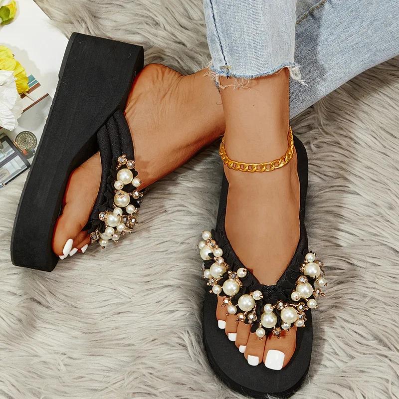 Women's Flip Flops Fashion Wedges Platform Sandalias Luxury Pearl Decor Women's Slippers Outdoor Casual Beach Slippers for Women