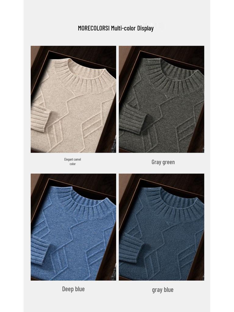 Men's Cashmere Diamond Pattern Round Neck Loose Knit Sweater, Long Sleeve Pullover for Autumn & Winter.