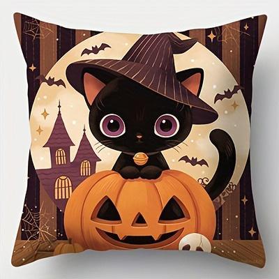 Home Decor Cute Black Cat With Pumpkin Halloween Pillow Pattern Cushion Cover Suitable For Sofa Bedroom Car Pillow Cover