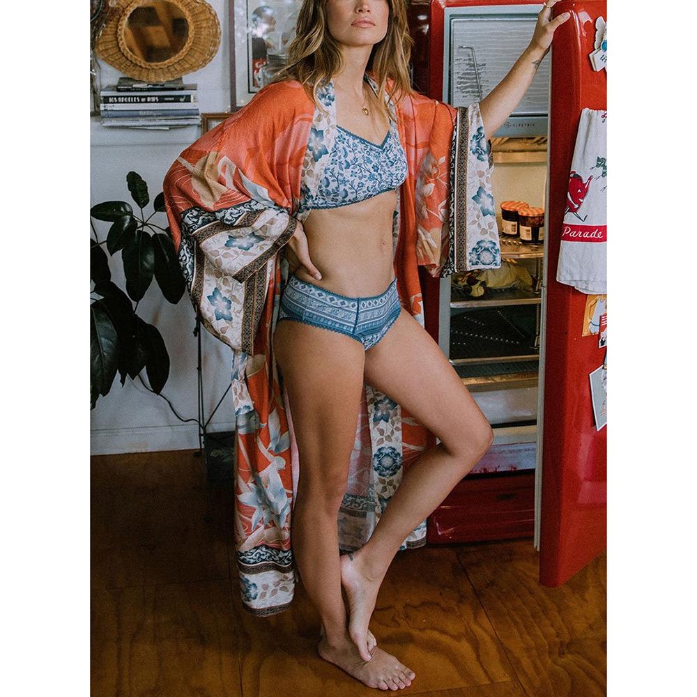European-American Cotton Floral Kimono Cardigan - Beach Cover-up & Sun Protection 5D58