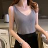 Dams sexiga enfärgade glänsande linne stickad V-ringning sommar smal passform väst