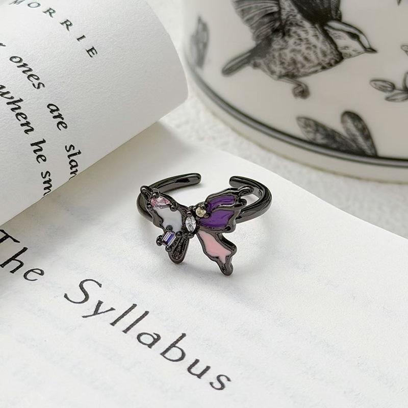 "Dark Butterfly Light" Retro Neutral Enamel Dark Butterfly Open Ring For Women Wearing Personalized Punk Index Finger Ring