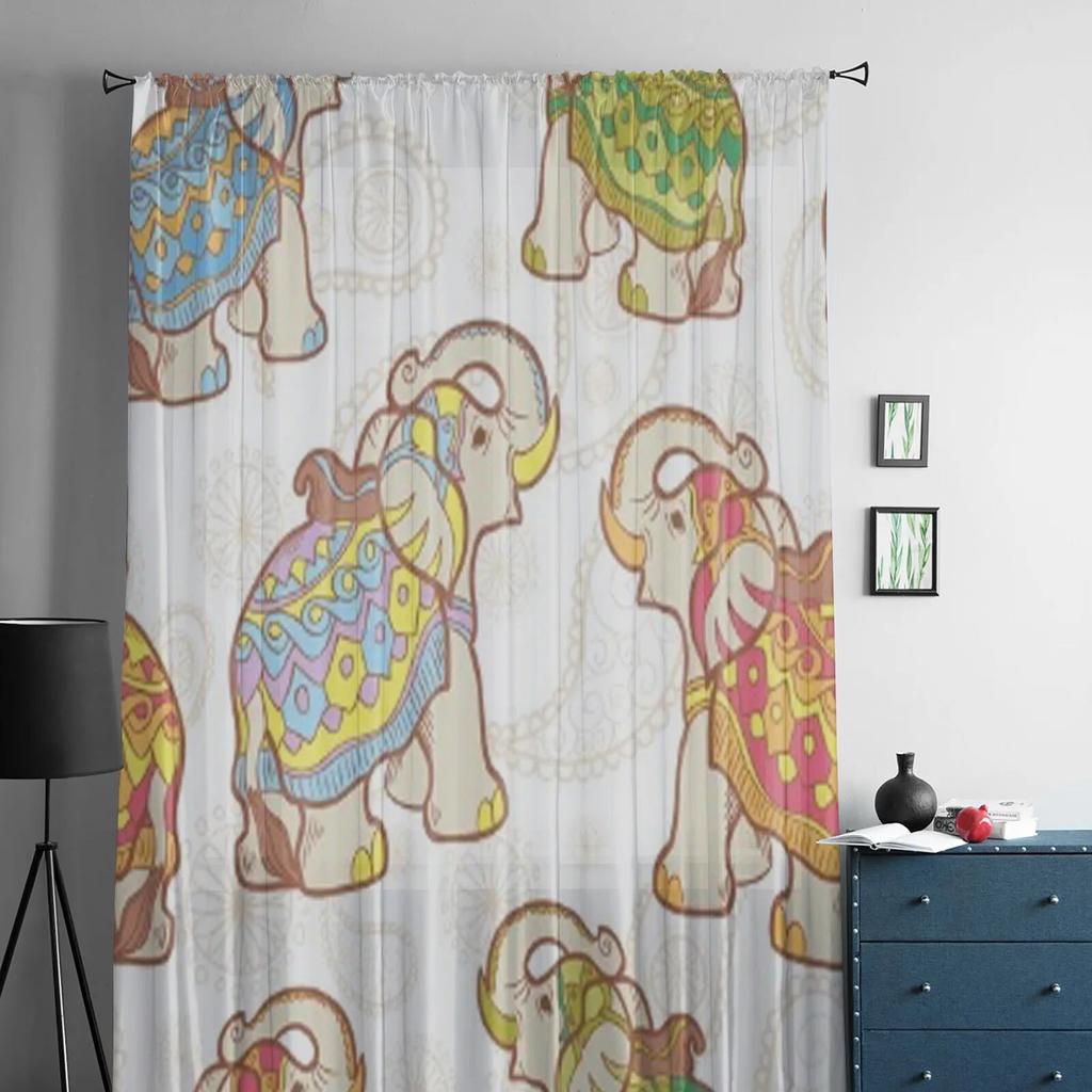 Indian Elephant Sheer Curtains for Living Room Transparent Tulle Window Treatments Bedroom Kitchen Home Decor Veil Drapes