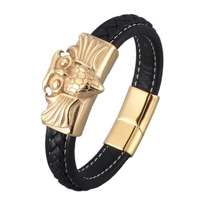 Trendy Men Jewelry Black Leather Bracelet Owl Stainless Steel Buckle Male Wrist Band Gifts