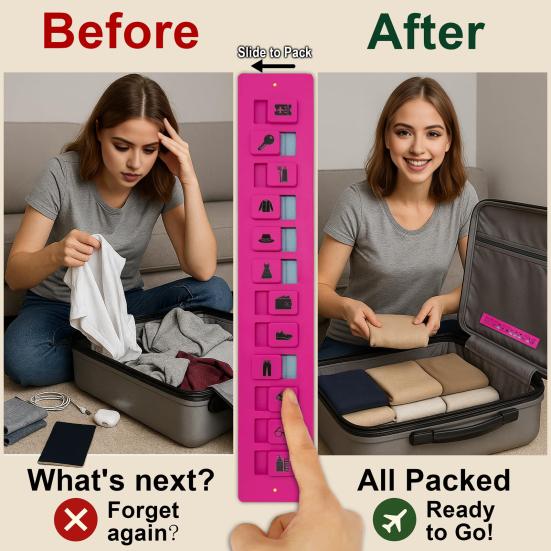 Travel Packing Reminder Reusable Check List with 24 Sliders Portable Lightweight Waterproof Suitcase Packing Sliding Reminder Tools