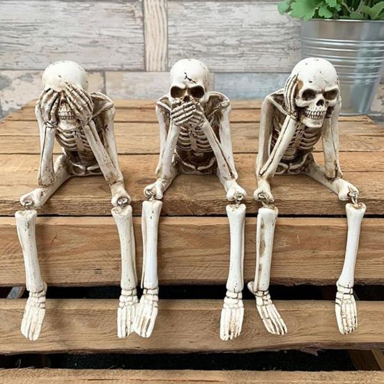 Halloween Skeleton Statue Resin See Speak Hear No Evil Skeleton Figurine with Dangling Legs for Indoor Mantel Table Shelf Decor