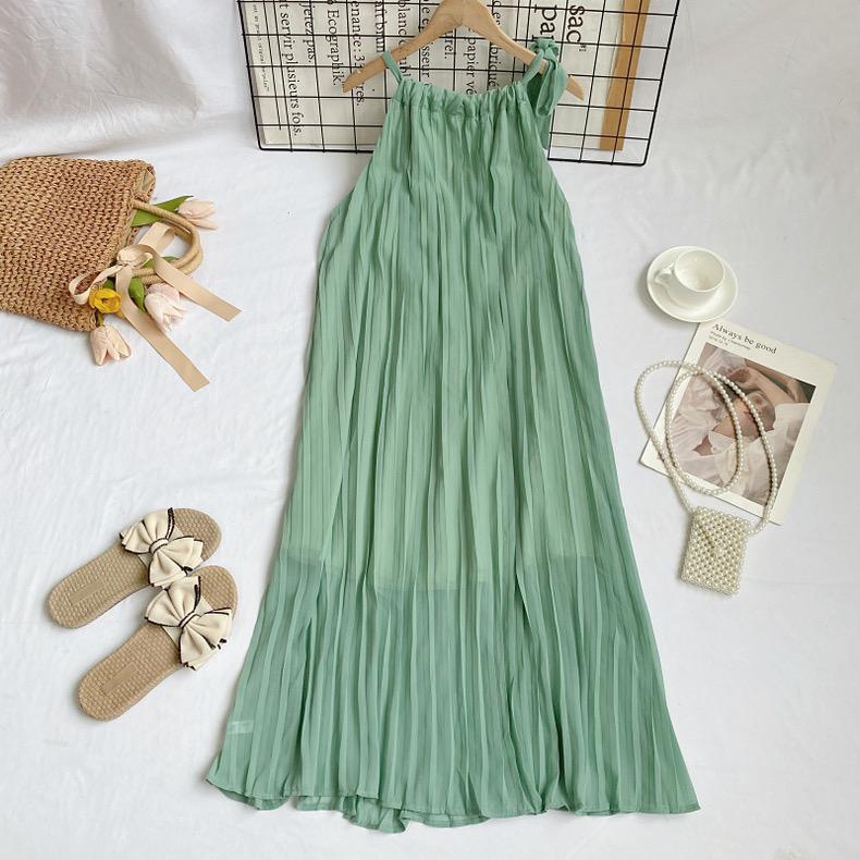 

Плиссированное однотонное шифоновое вечернее платье, летнее двухслойное длинное платье на бретельках большого размера, пляжные женские платья One Size светло-зеленый