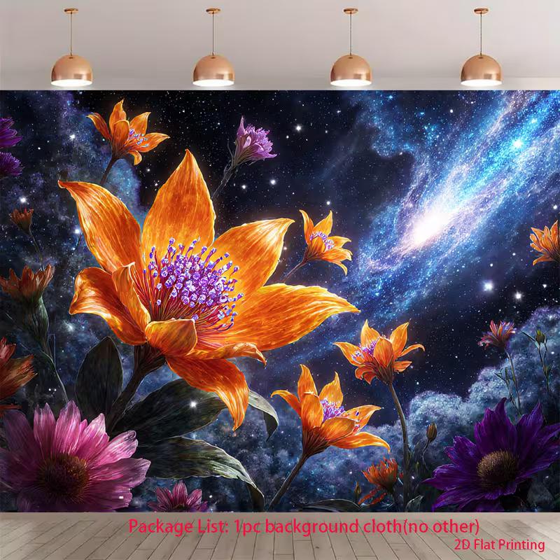 

2D Enchanted Space Tapestry, Vibrant Orange and Purple Blooms Against a Starry Night Sky 47.2x31.5inch/120*80cm