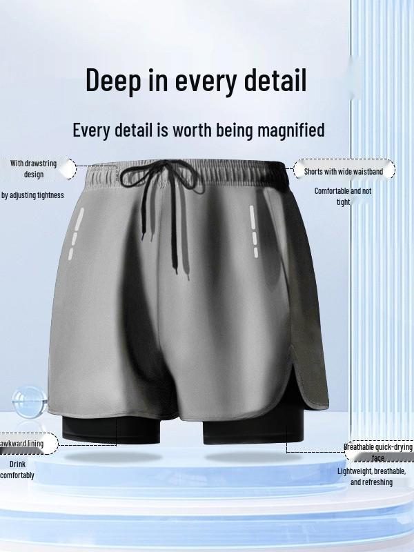 Herren Zweilagige Locker Geschnittene Strand- und Lauf-Badehosen - Anti-Peinlichkeits-Sporthosen