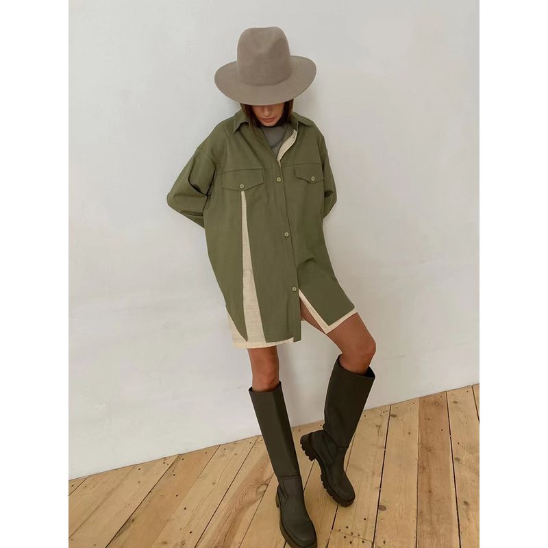 

Платье в западном стиле контрастного цвета, с дизайнерским чутьем, платье-рубашка, контрастная рубашка с длинным рукавом, юбка Green S