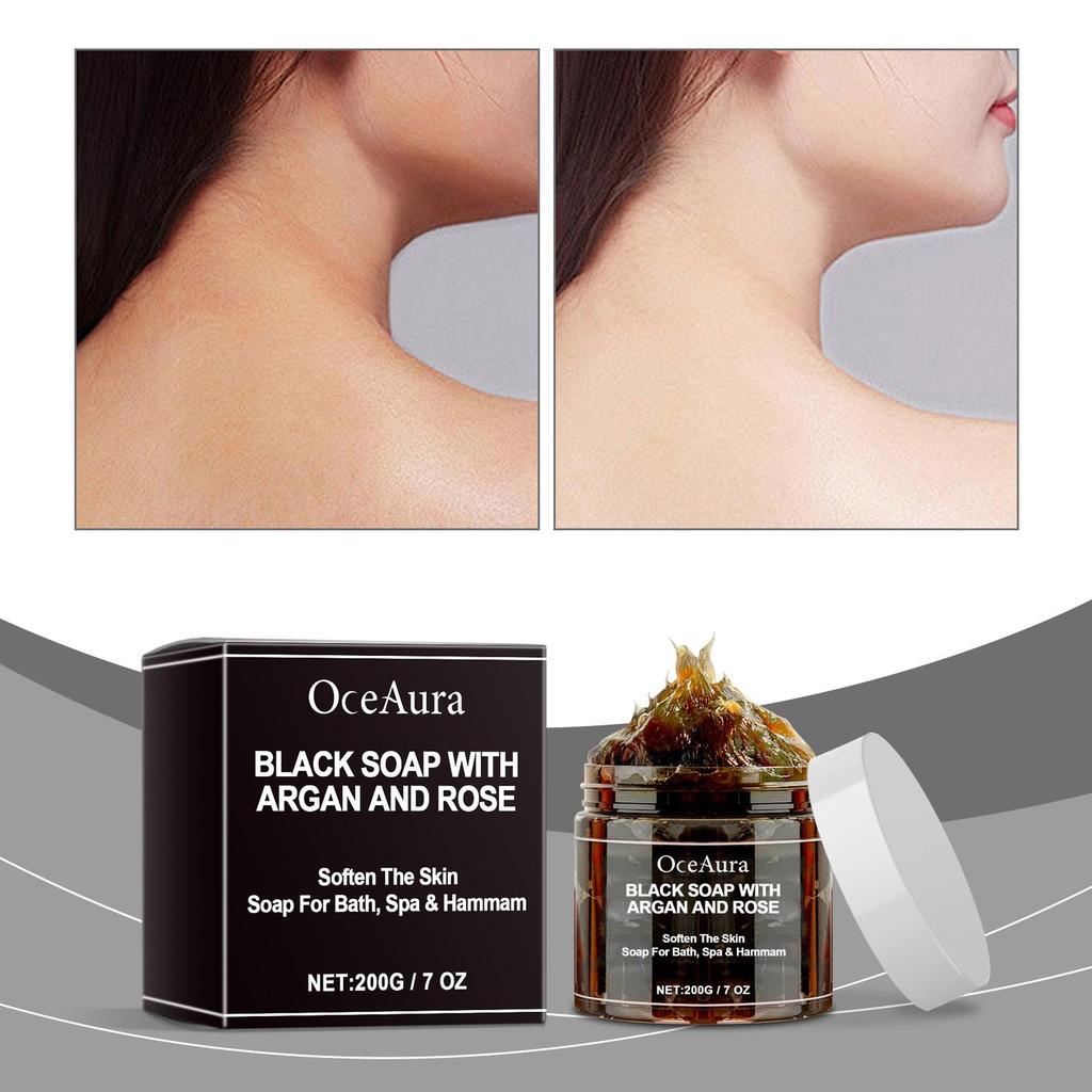 Schwarze Seife mit Argan und Rose Beldi Seife Ideal für Entfernung abgestorbener Haut Körperpeeling Reinigend Tiefenreinigung 200g/7 Oz