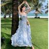 Coffee Break French Blue Suspender Dress Women's Summer New Seaside Vacation Beach Dress Sunset Fairy Skirt