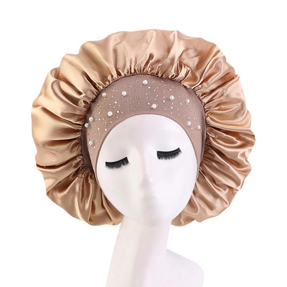 Satin-Schlafhaube Strass-Badekappe Damenhut Nacht-Haarpflege Salon Duschkopfband