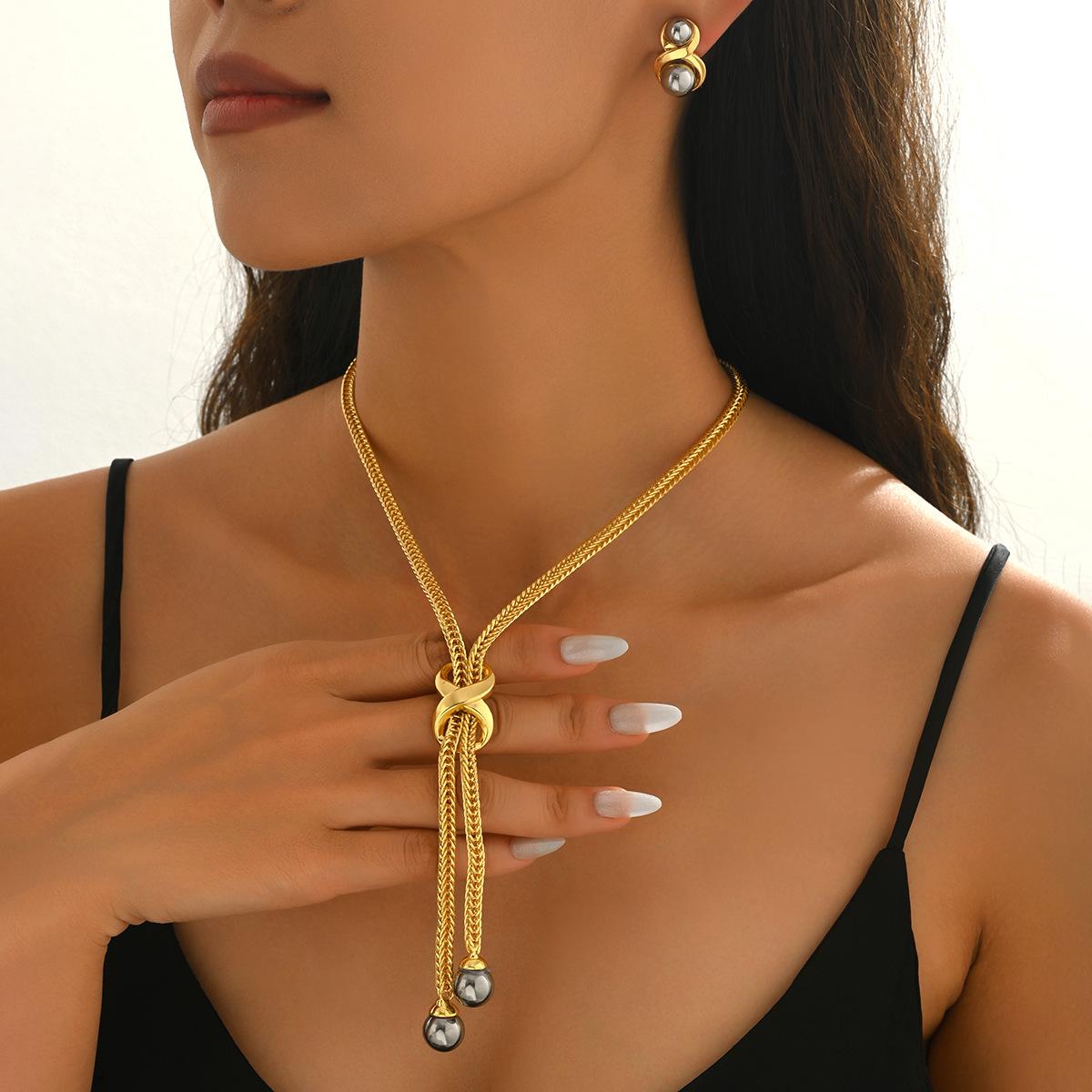 

Женский набор ожерелий Геометрический дизайн с инкрустацией жемчугом Универсальные ювелирные изделия высокого качества XL5882