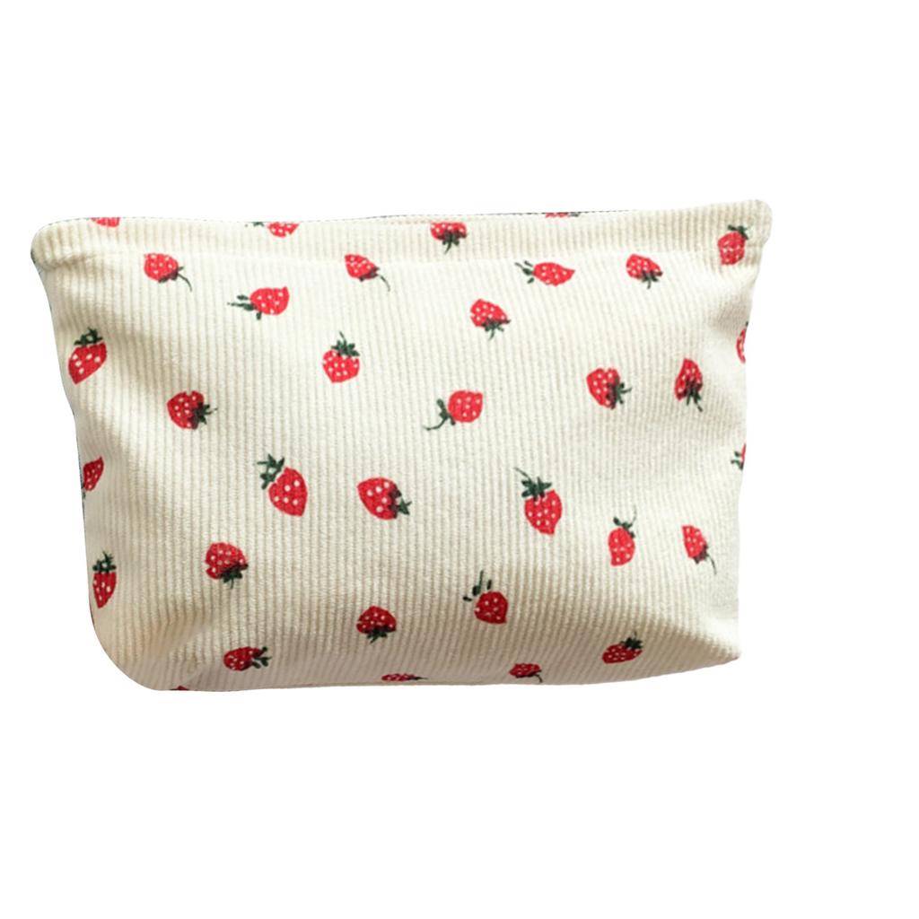 Strawberry Printed Corduroy Cosmetic Bag, Fashionable Toiletry Pouch for Women Travel, Gym, Vacation Organizer with Secure Zipper