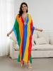 EDOLYNSA Flag Color Printed Boho Hand-knit V Neck Bat Sleeve Beach Dress 2024 Summer Women Loose Kaftan Beachwear Swimsuit Cover Up