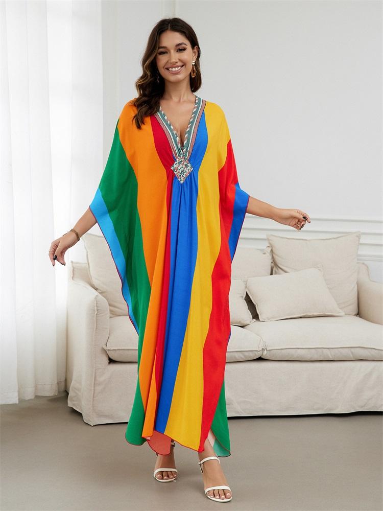 EDOLYNSA Flag Color Printed Boho Hand-knit V Neck Bat Sleeve Beach Dress 2024 Summer Women Loose Kaftan Beachwear Swimsuit Cover Up