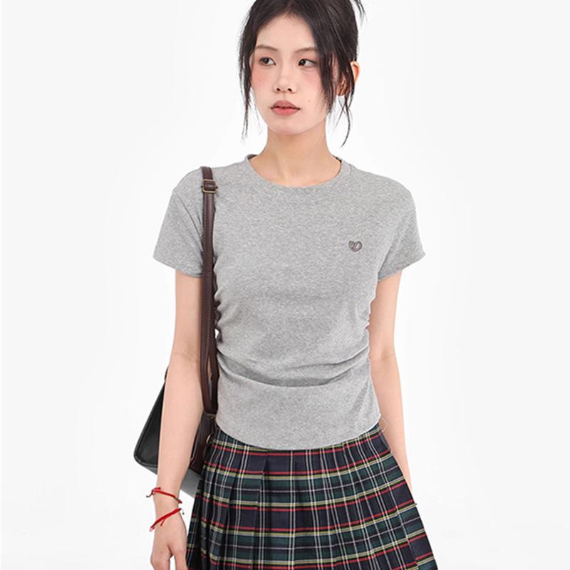 

Korean Style Women s Slim Fit Modal T-Shirt - Short-Sleeve, Round Neck, Embroidered, American Style, Pleated Waist M сірий колір