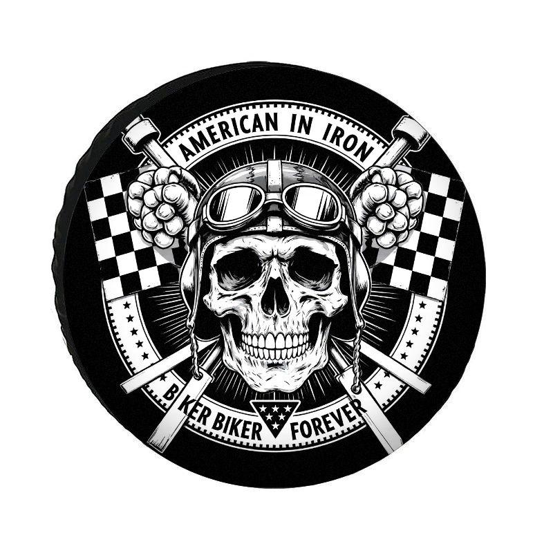 American Retro Motorcycle Skull Knight Pattern Spare Tire Cover, Made Of Polyester Fiber For Sun And Dust Protection, Suitable F