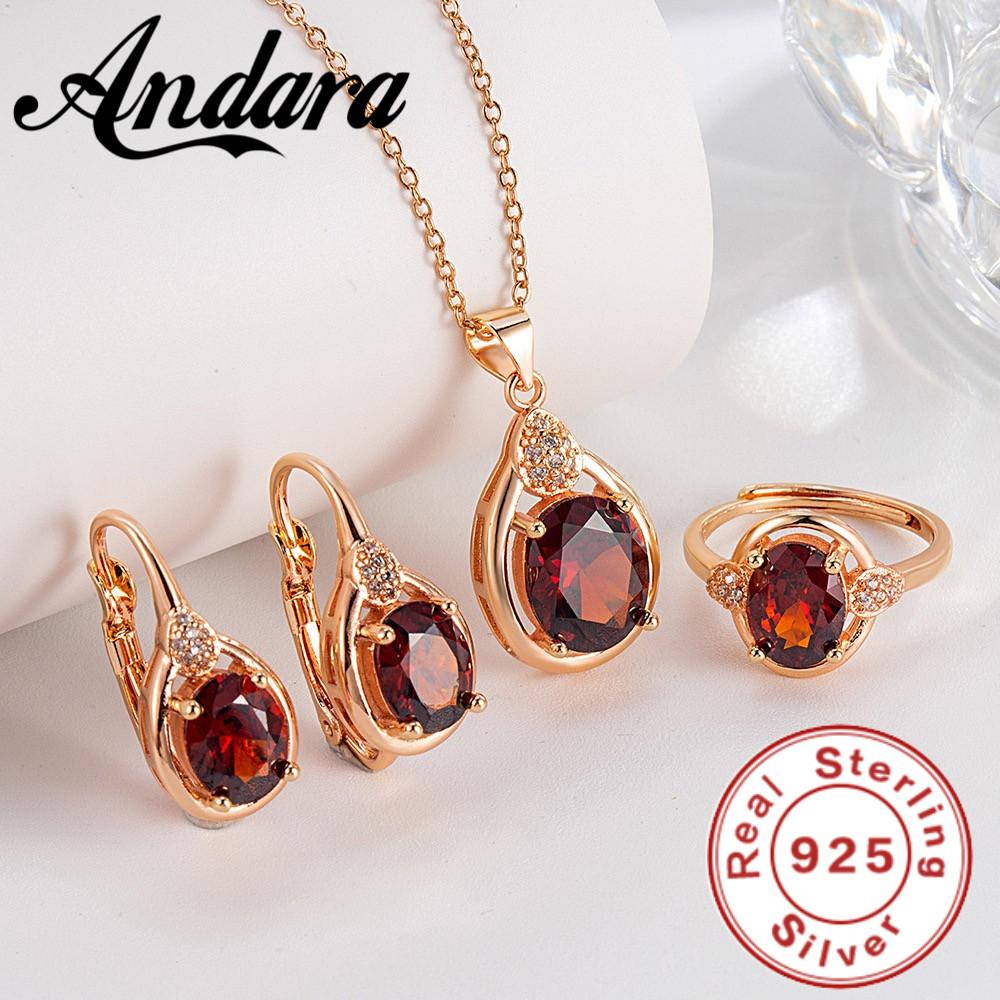 

Exquisite 925 Sterling Silver Ruby Necklace Earrings Ring Set for Women Engagement Party Jewelry