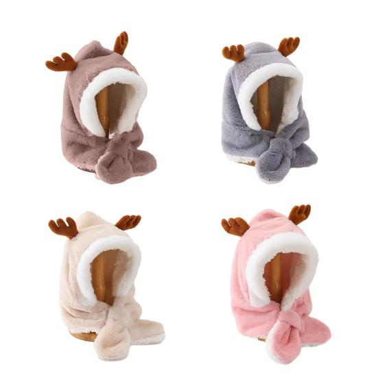 Yousheng Baby Hat Winter Warm Thickened Plush Antler Design Windproof Temperature-Locking Soft Baby Outdoor Cap with Scarf Design