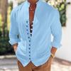 Men Summer Shirt Long Sleeve Stand Collar Single-breasted Casual Buttons Daily Wear Slim Fit Solid Color Beach Shirt Male Clothes