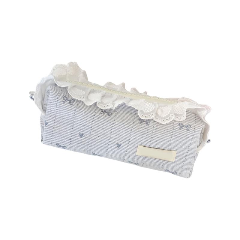 Lace Trim Pencil Case with Top Closure, Embroidered Heart Design for School Supplies, Desk Storage and Journaling